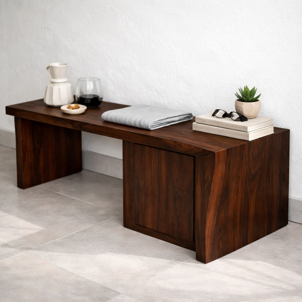 Solid Wood Entryway Bench with Side Storage Cabinet – Minimalist Wooden Bench