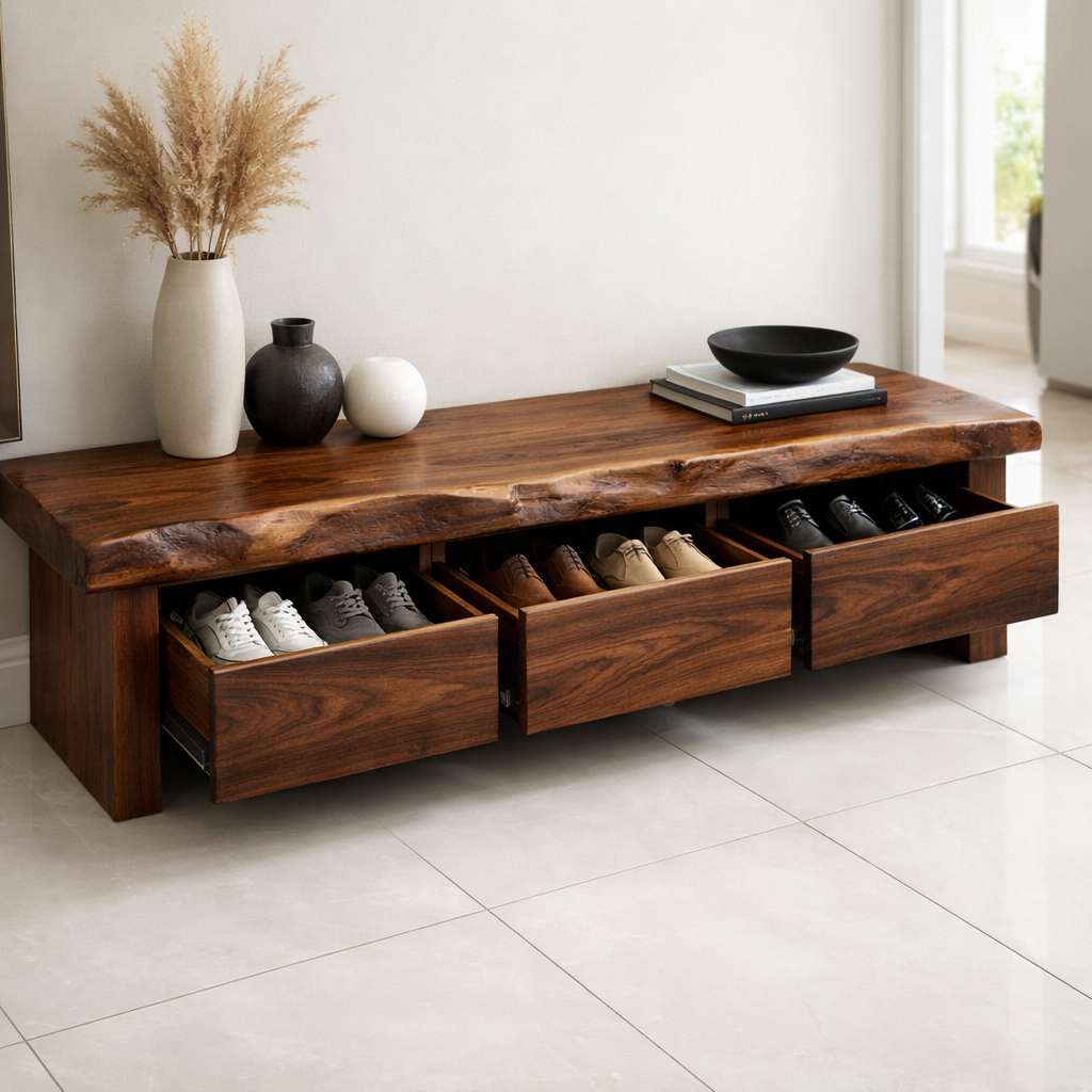 Solid Wood Entryway Bench with 3 Drawers – Hidden Shoe Storage Bench
