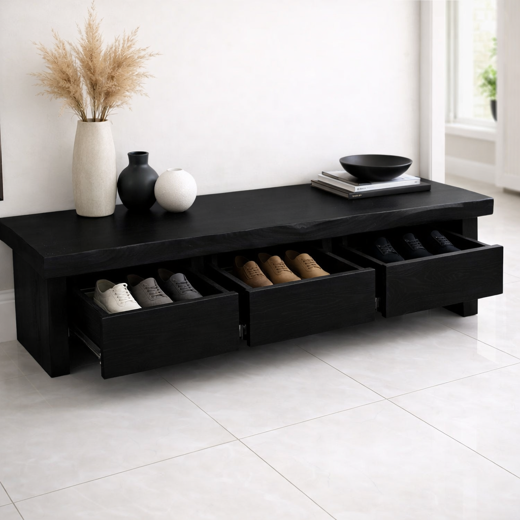 Solid Wood Entryway Bench with 3 Drawers – Hidden Shoe Storage Bench