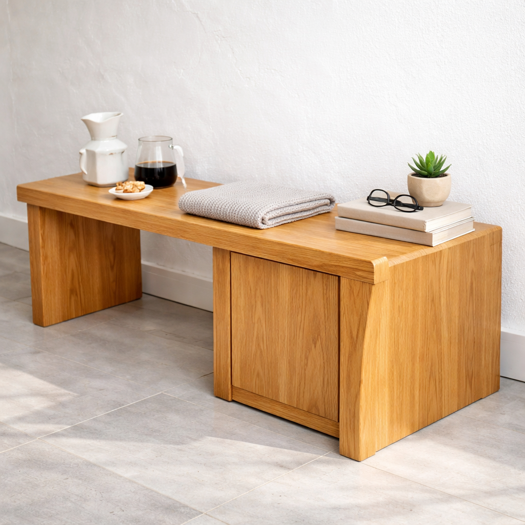Solid Wood Entryway Bench with Side Storage Cabinet – Minimalist Wooden Bench
