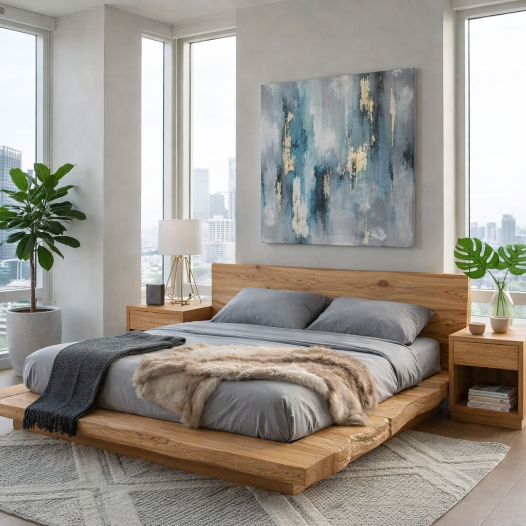 Handcrafted Live Edge Solid Wood Low Platform Bed with Minimalist Headboard