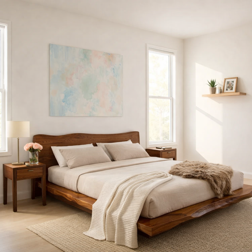 Handcrafted Live Edge Solid Wood Platform Bed, Rustic Modern Bed with Natural Headboard