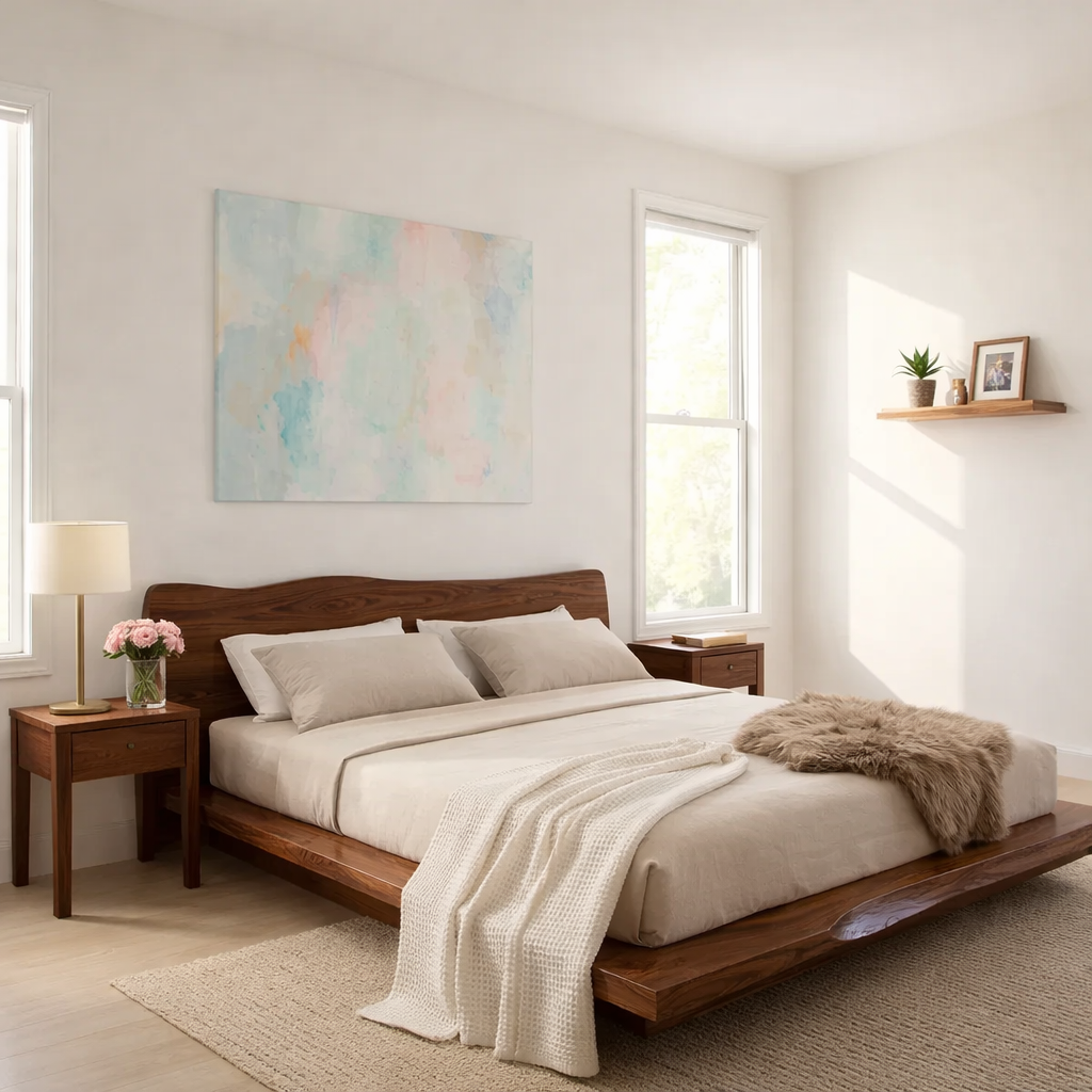Handcrafted Live Edge Solid Wood Platform Bed, Rustic Modern Bed with Natural Headboard