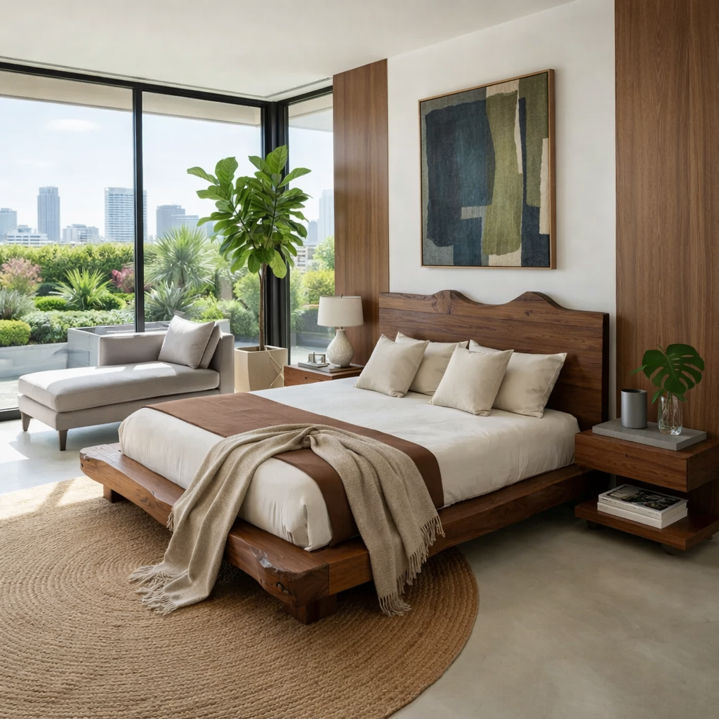 Handcrafted Live Edge Solid Wood Platform Bed, Rustic Organic Modern Bed with Headboard