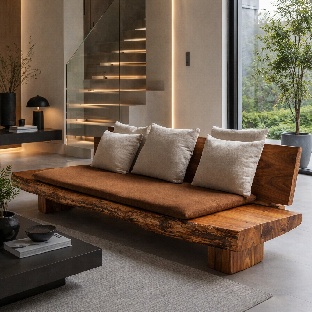 Live Edge Solid Wood Daybed, Rustic Organic Modern Sofa with Backrest