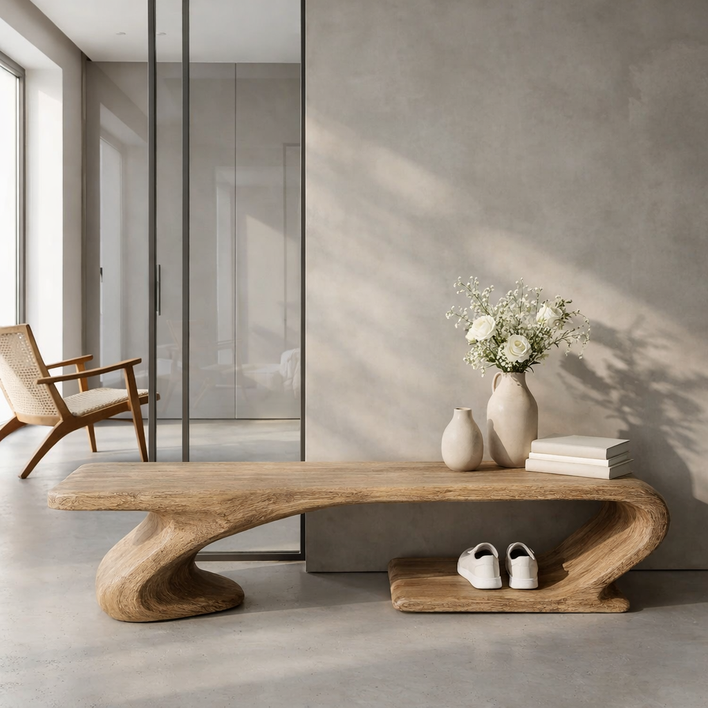 Solid Wood Sculptural Entryway Bench, Organic Wavy Minimalist Hallway Seat