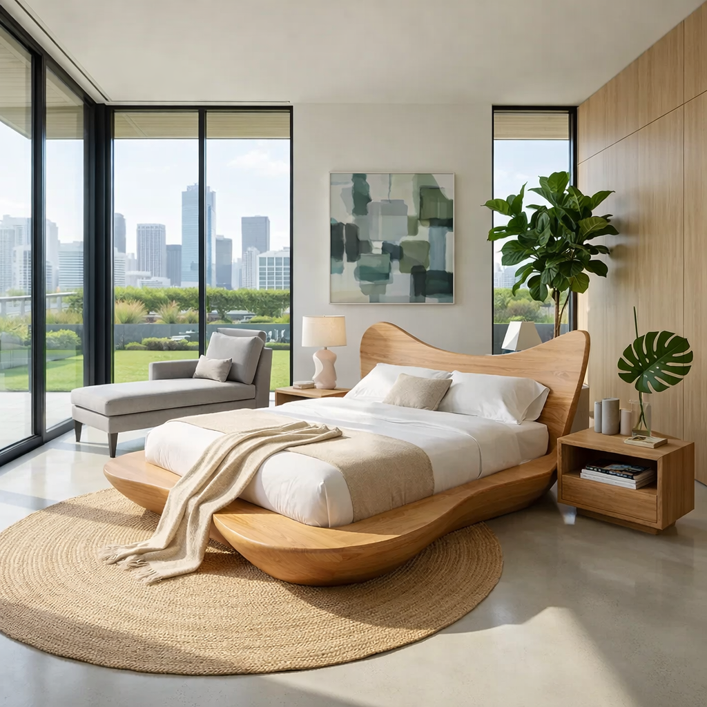 Handcrafted Solid Wood Sculptural Platform Bed, Organic Wavy Design Bed Frame