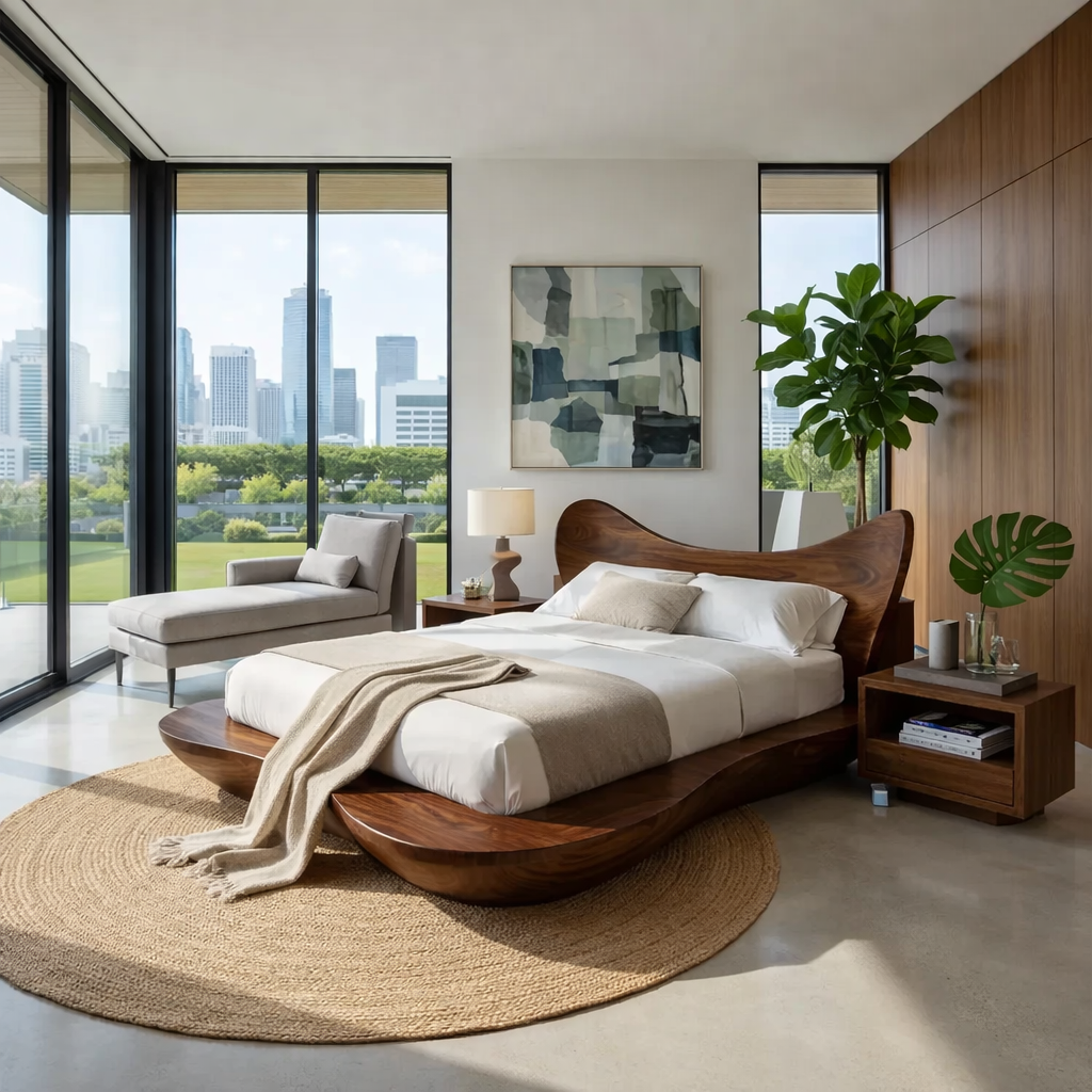 Handcrafted Solid Wood Sculptural Platform Bed, Organic Wavy Design Bed Frame