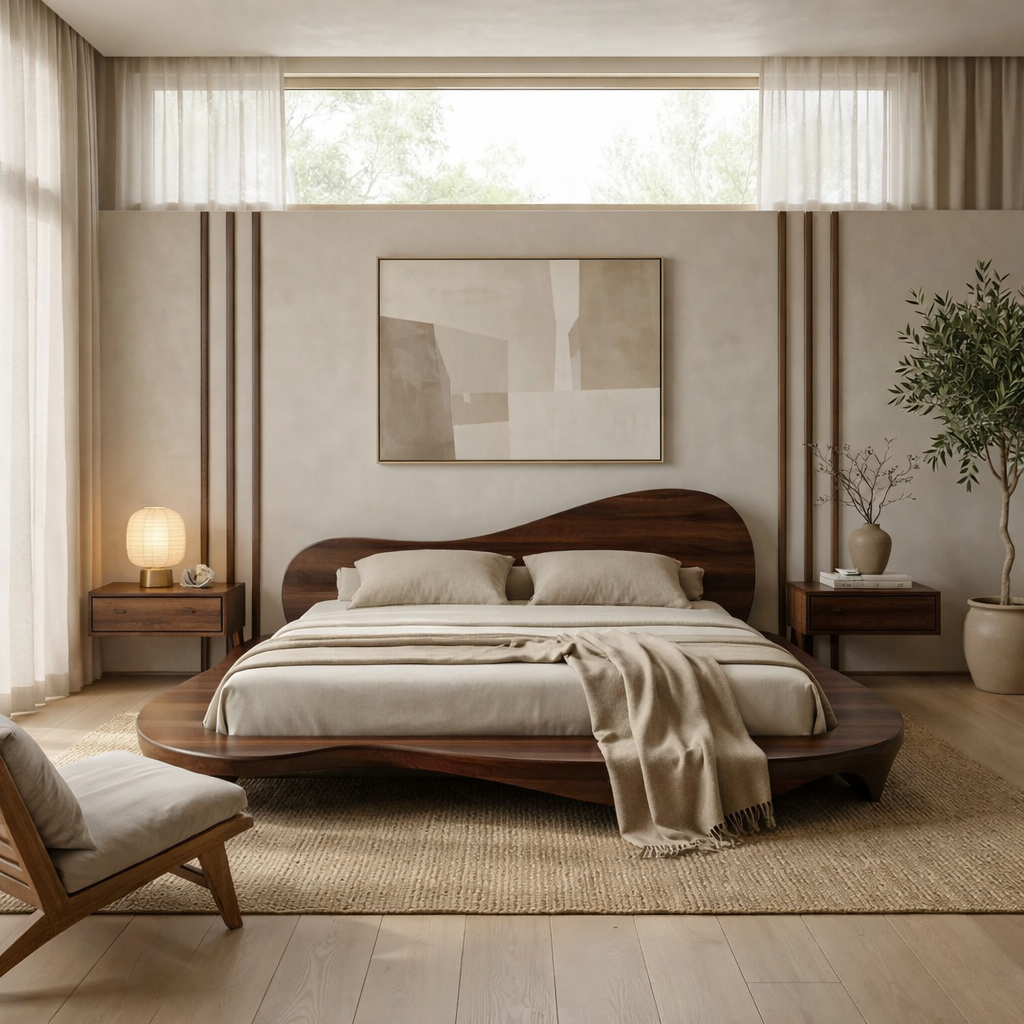 Handcrafted Solid Wood Sculptural Platform Bed, Organic Wavy Japandi Bed Frame