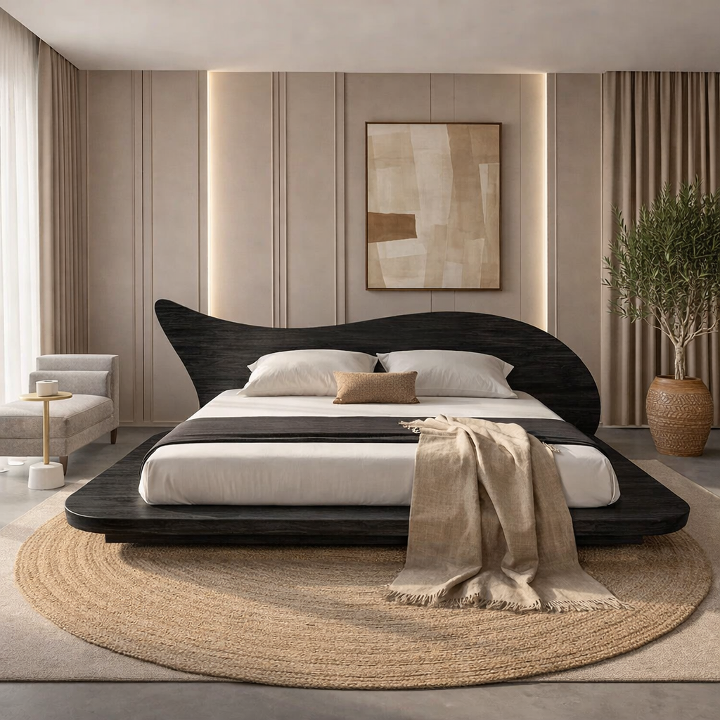 Solid Wood Platform Bed with Organic Curved Headboard – Modern Walnut Bed Frame, Luxury Minimalist Bedroom Furniture