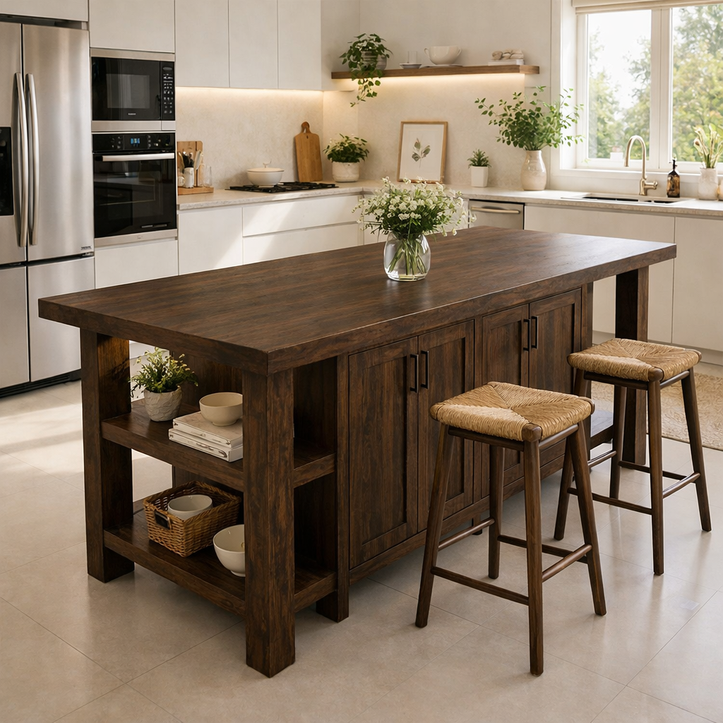 Solid Wood Kitchen Island with Seating & Storage – Rustic Walnut Dining Island Table with Cabinets & Open Shelves