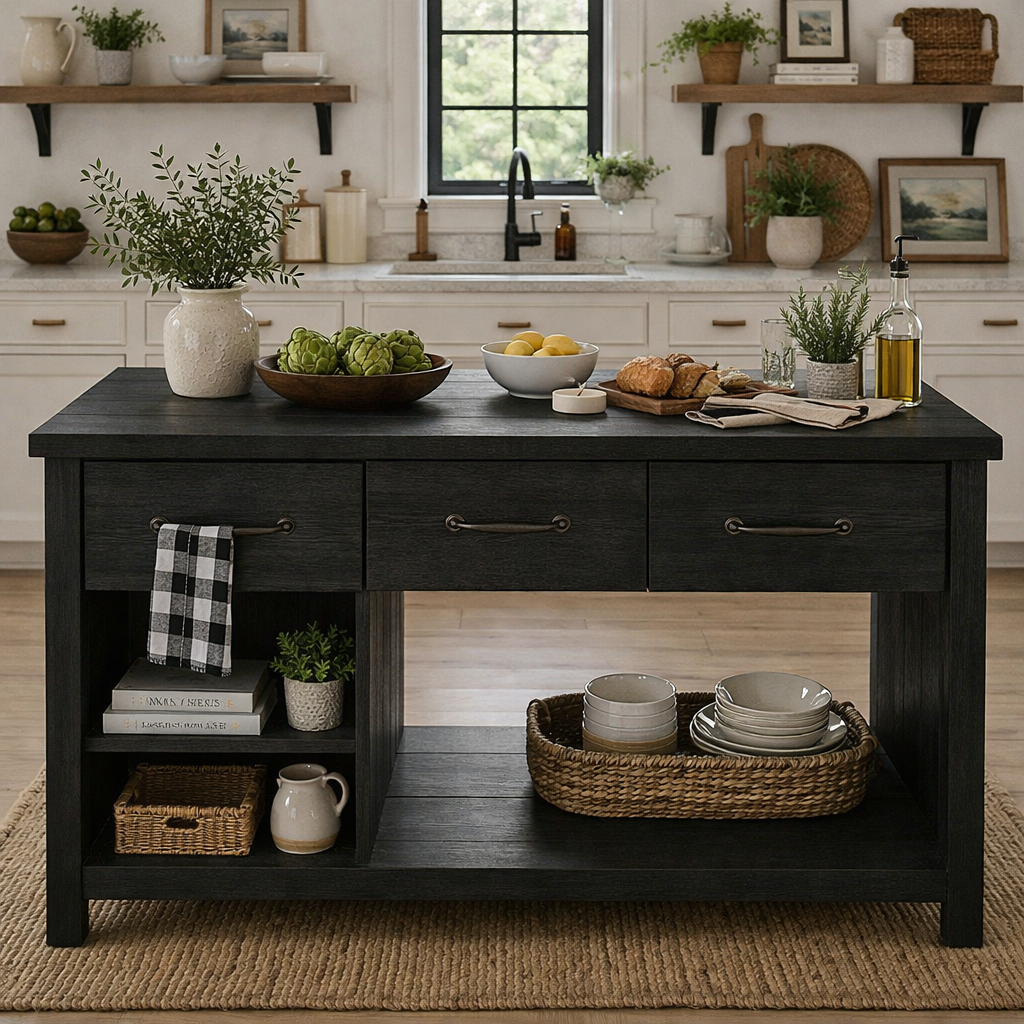 Solid Wood Kitchen Island with Drawers & Open Shelves – Rustic Farmhouse Kitchen Table, Large Wooden Prep Station