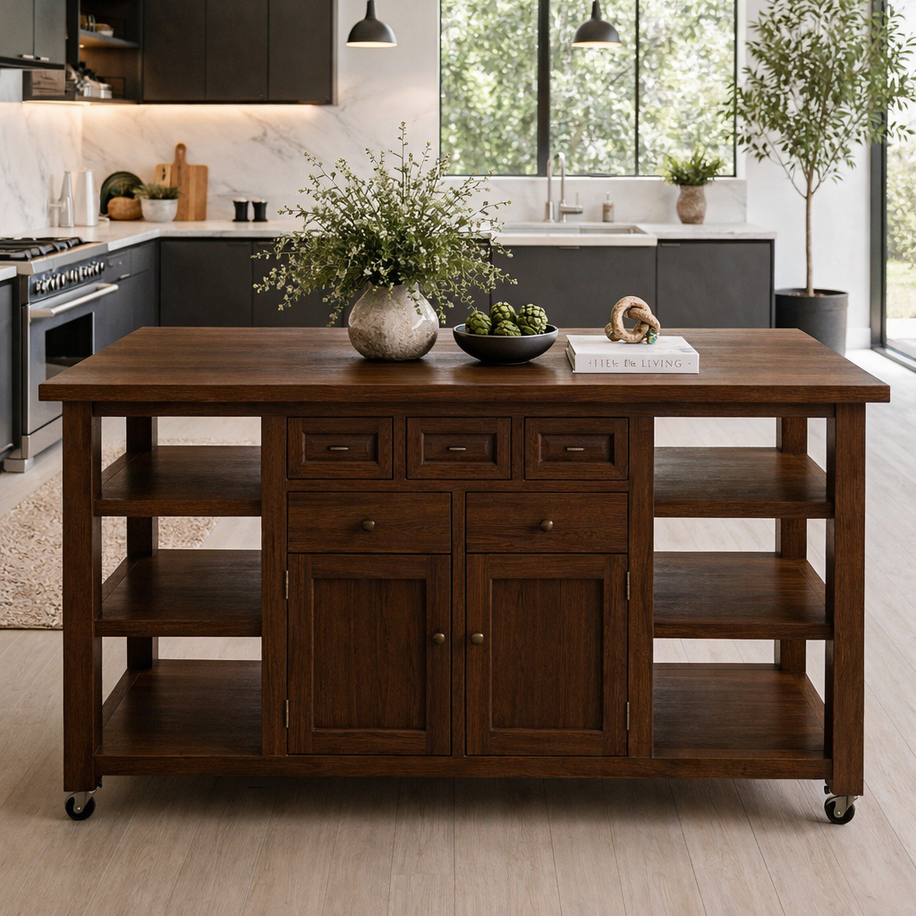 Solid Wood Kitchen Island with Storage & Shelves – Rustic Oak Kitchen Cart, Rolling Prep Table with Drawers & Cabinet