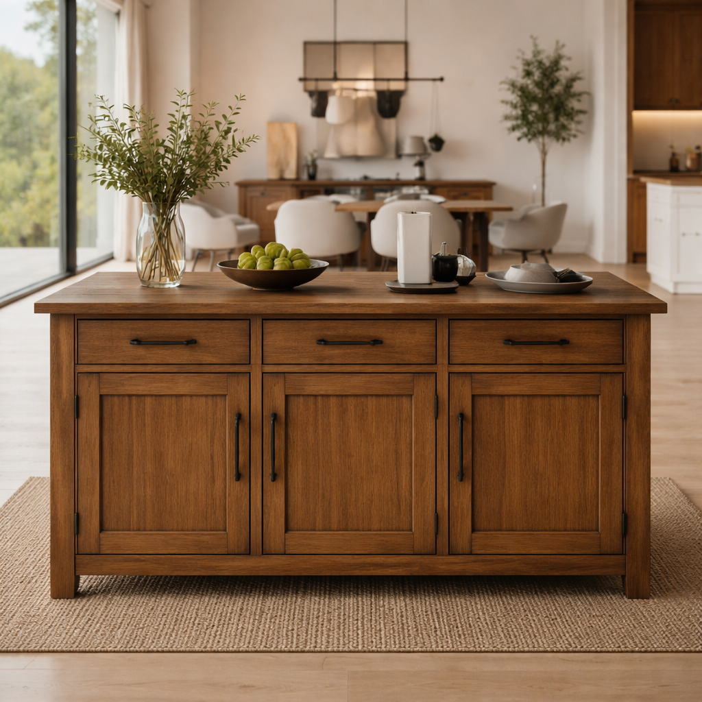 Solid Wood Kitchen Island with Cabinets & Drawers, Large Wooden Prep Table