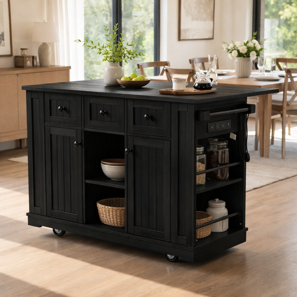 Solid Wood Kitchen Island with Storage & Power Outlet – Oak Rolling Kitchen Cart with Drawers, Cabinets & Shelves