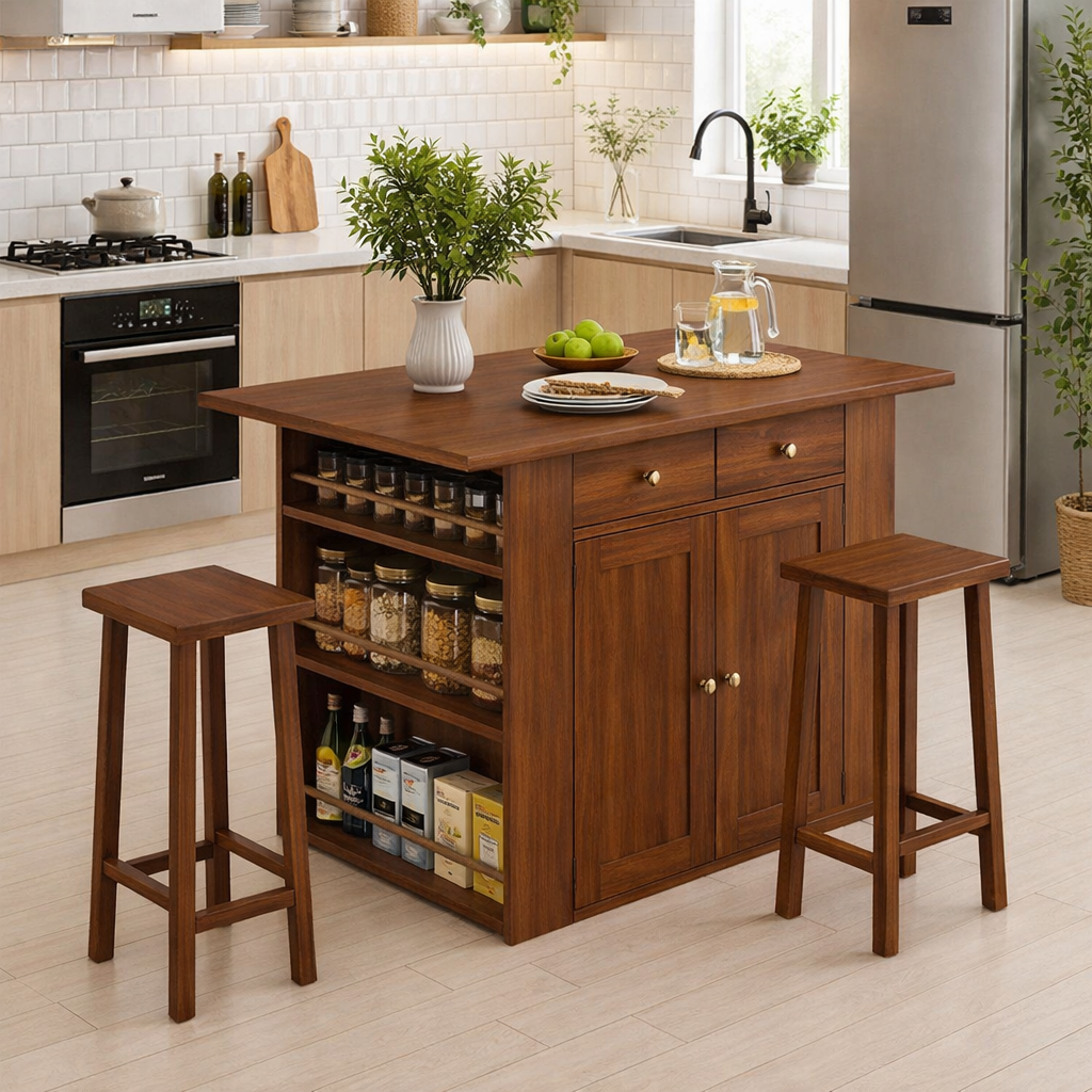 Solid Wood Kitchen Island with Spice Rack & Storage – Kitchen Table with Cabinets, Compact Dining Island