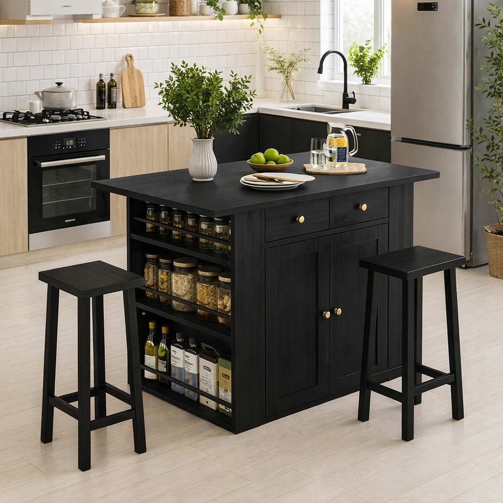 Solid Wood Kitchen Island with Spice Rack & Storage – Kitchen Table with Cabinets, Compact Dining Island