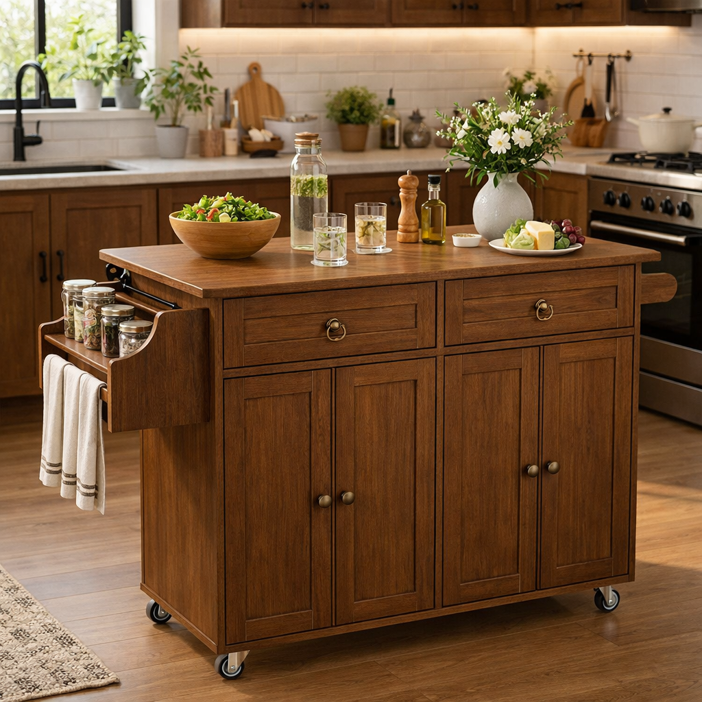 Solid Wood Kitchen Island Cart – Oak Storage Cabinet with Spice Rack & Towel Bar