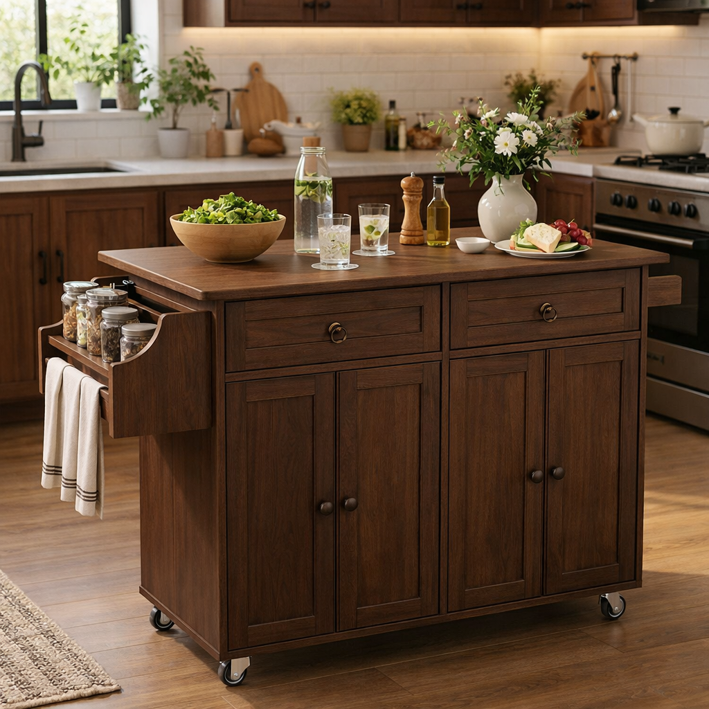 Solid Wood Kitchen Island Cart – Oak Storage Cabinet with Spice Rack & Towel Bar