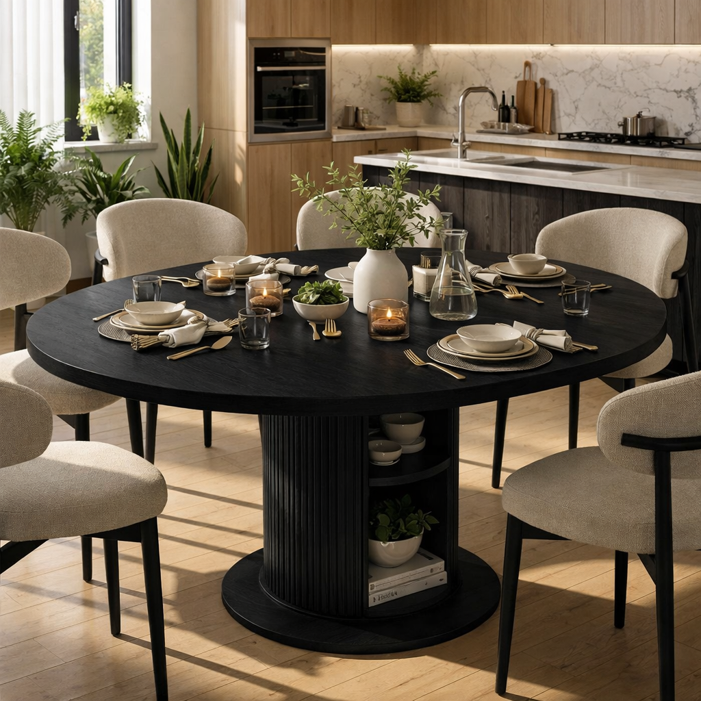 Round Solid Wood Dining Table – Walnut Pedestal Table with Storage Base