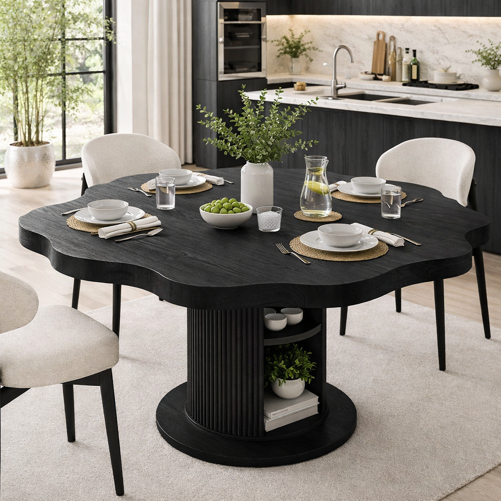Live Edge Round Solid Wood Dining Table – Pedestal Table with Storage Base