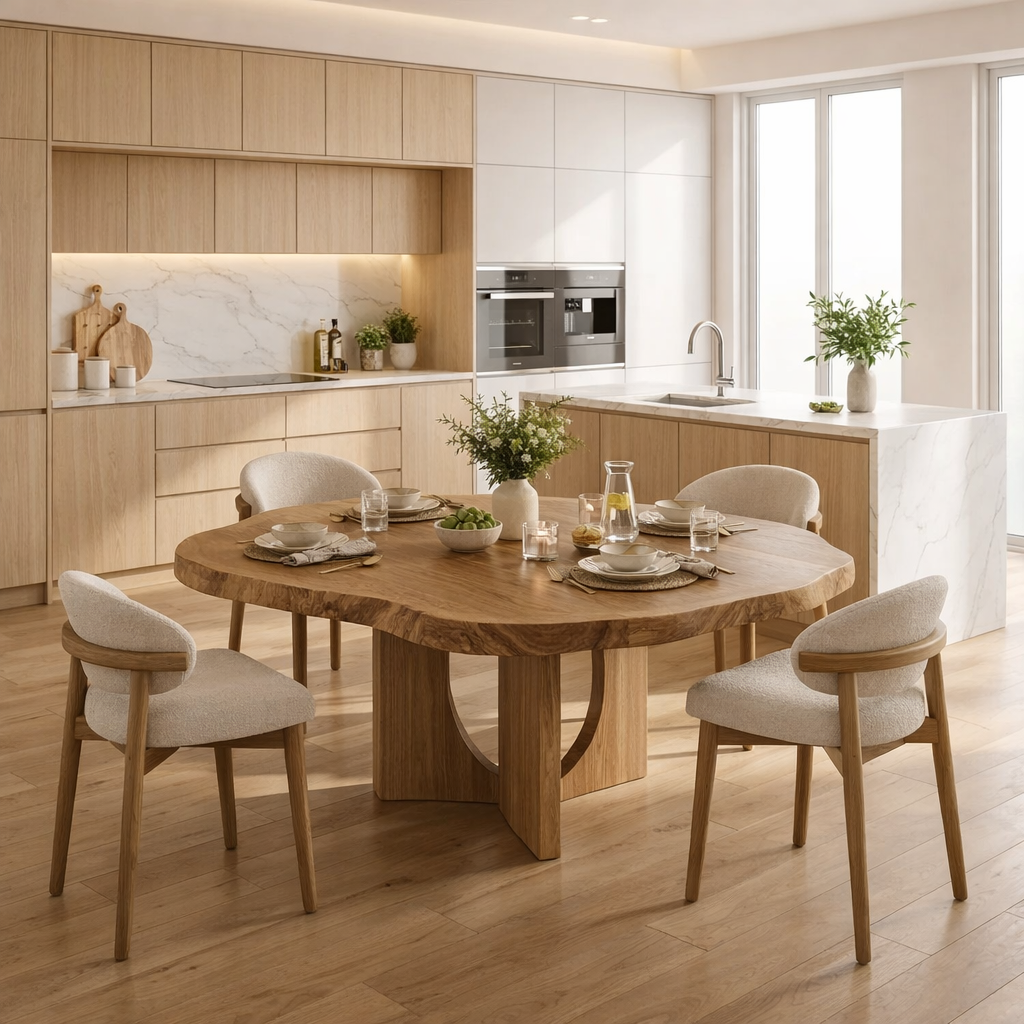 Live Edge Round Solid Wood Dining Table, Sculptural Pedestal Base