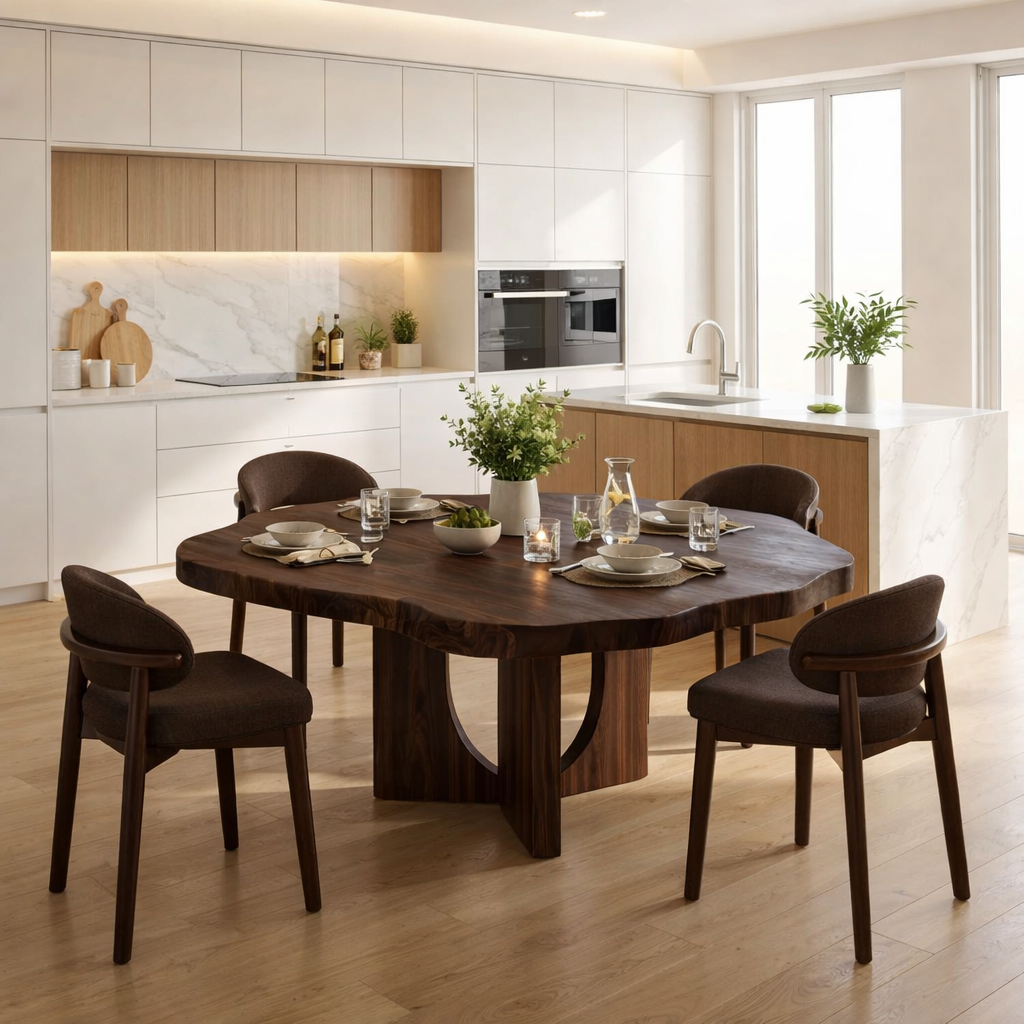 Live Edge Round Solid Wood Dining Table, Sculptural Pedestal Base