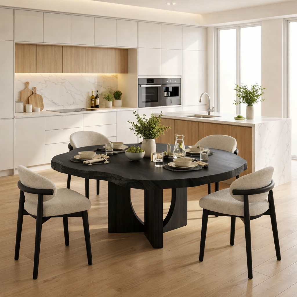 Live Edge Round Solid Wood Dining Table, Sculptural Pedestal Base