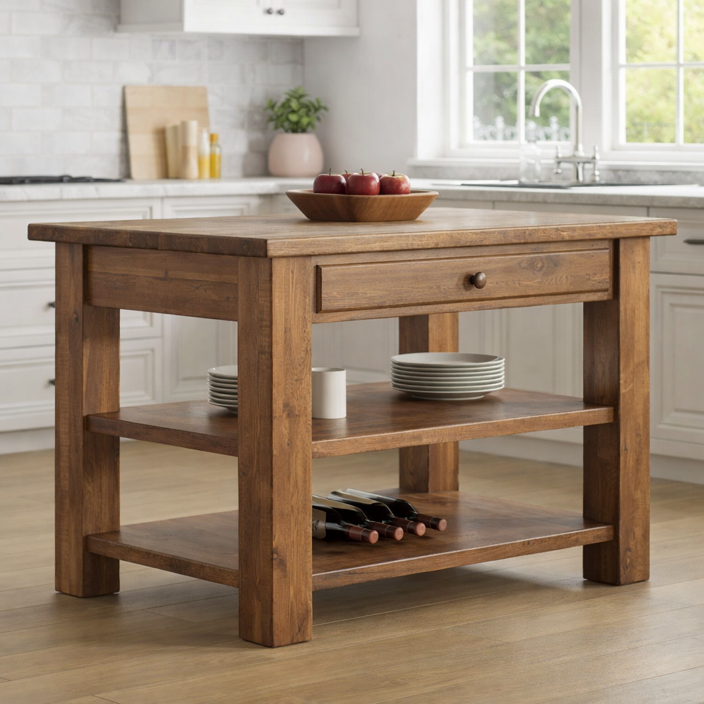 Solid Wood Kitchen Island Table with Storage – Walnut Prep Table with Drawer & Open Shelves