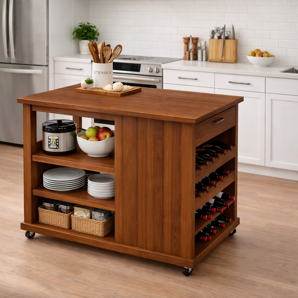 Solid Wood Kitchen Island Cart with Storage – Oak Prep Table with Wine Rack