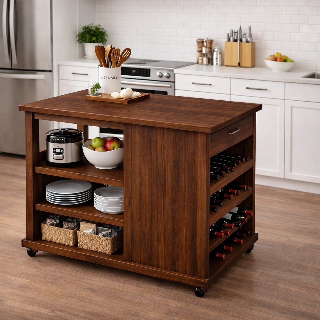 Solid Wood Kitchen Island Cart with Storage – Oak Prep Table with Wine Rack