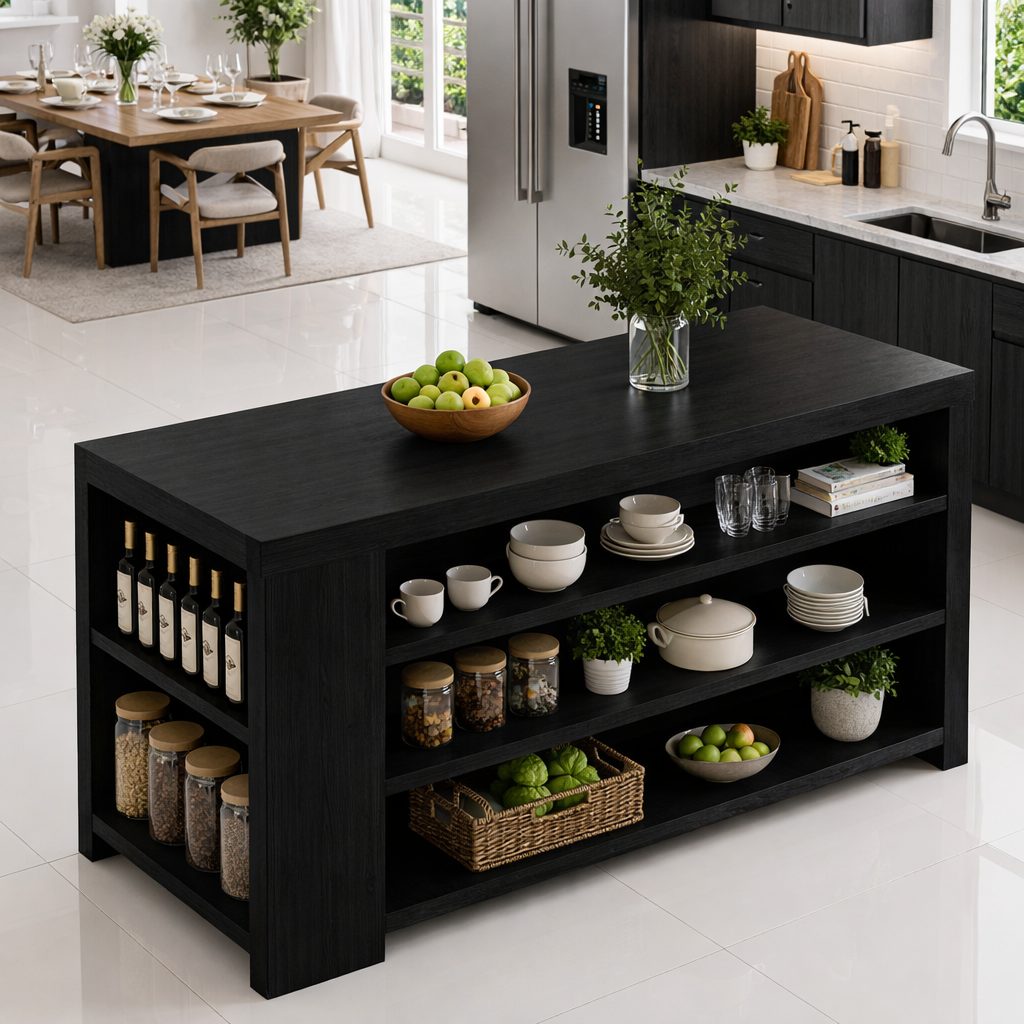 Solid Wood Kitchen Island with Open Shelves – Storage Prep Table