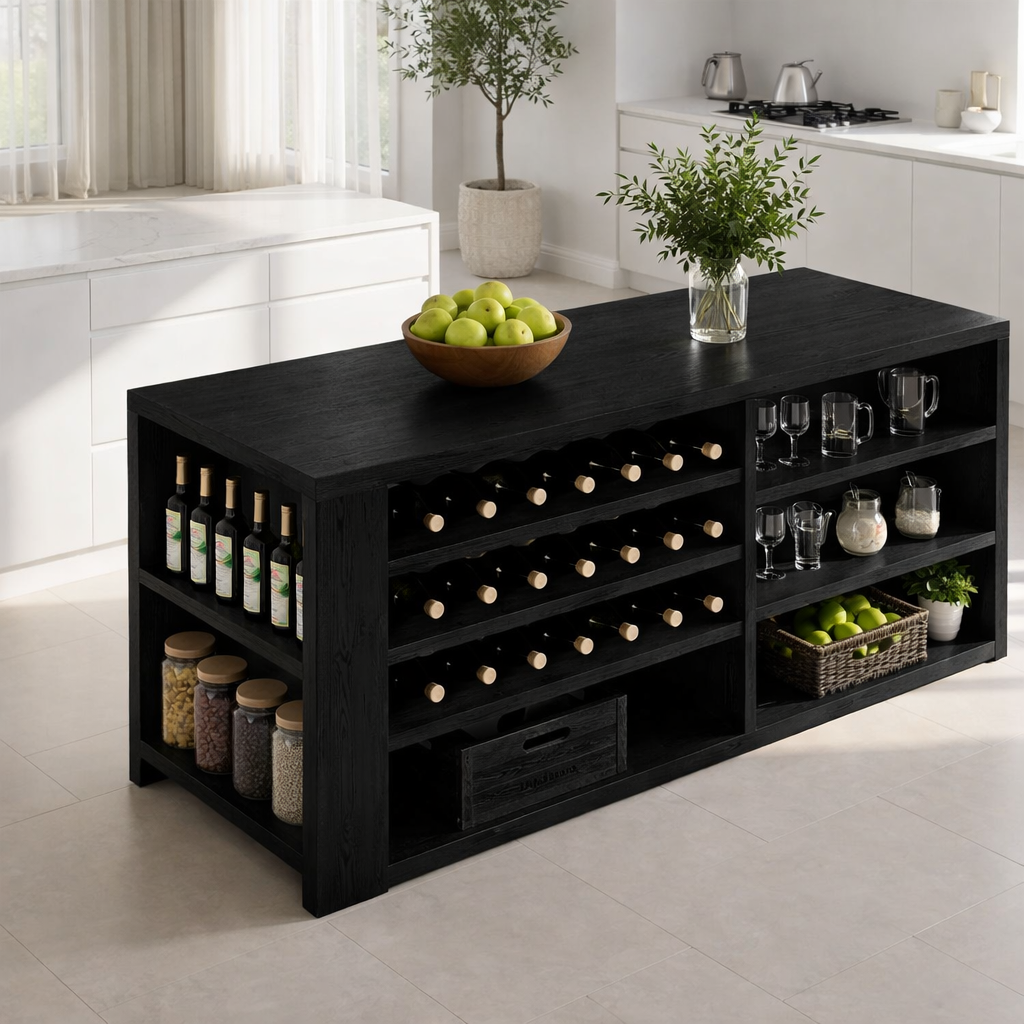 Solid Wood Kitchen Island with Wine Rack & Storage Shelves