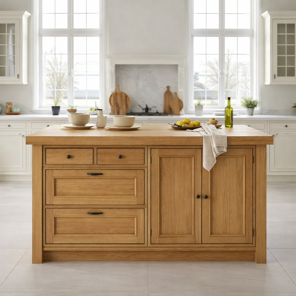 Solid Wood Kitchen Island with Drawers & Cabinet – Farmhouse Kitchen Storage Table