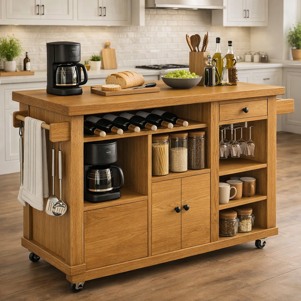 Solid Wood Rolling Kitchen Island with Wine Rack & Storage – Kitchen Cart on Wheels