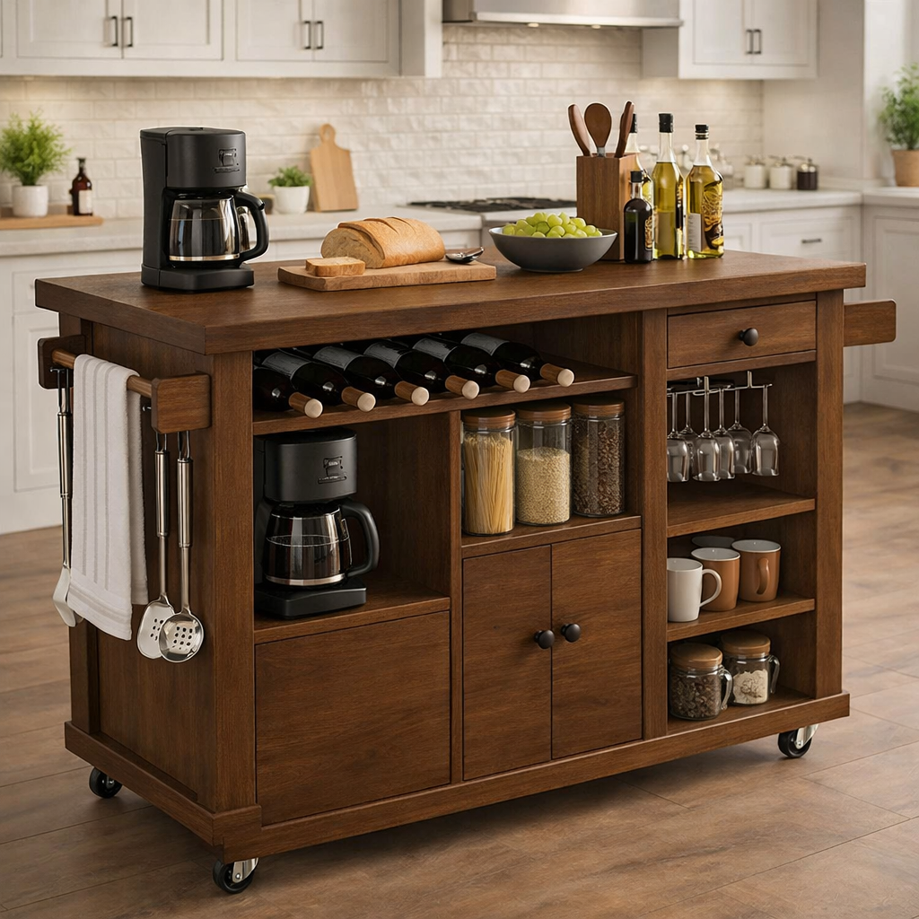 Solid Wood Rolling Kitchen Island with Wine Rack & Storage – Kitchen Cart on Wheels
