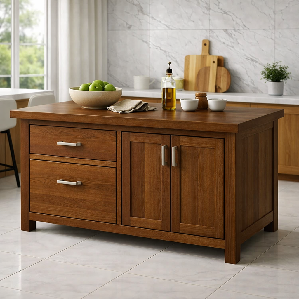 Solid Wood Kitchen Island with Drawers & Cabinet – Modern Kitchen Storage Table
