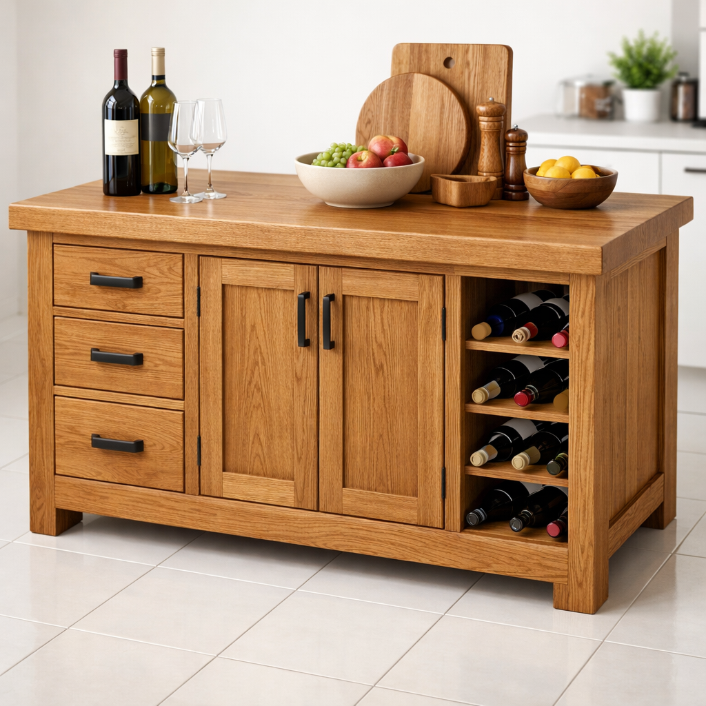 Solid Wood Kitchen Island with Wine Rack & Storage Drawers – Kitchen Storage Cabinet