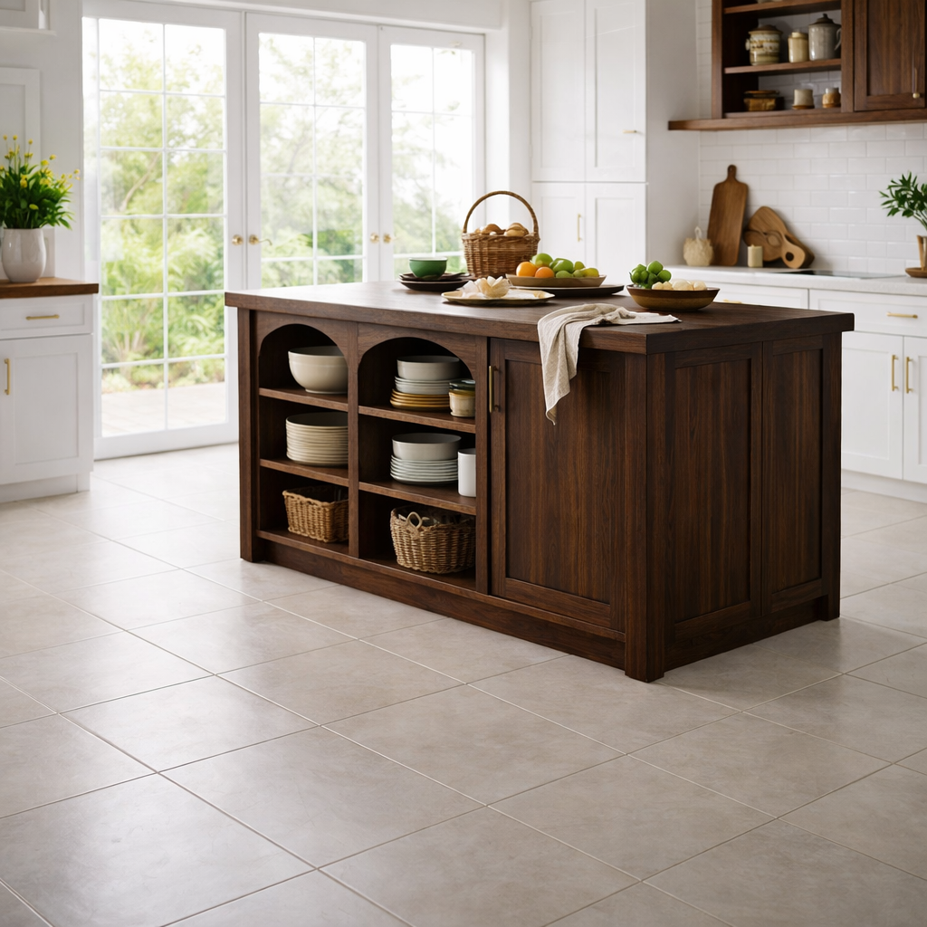 Solid Wood Kitchen Island with Arched Open Shelves – Walnut Farmhouse Storage Table