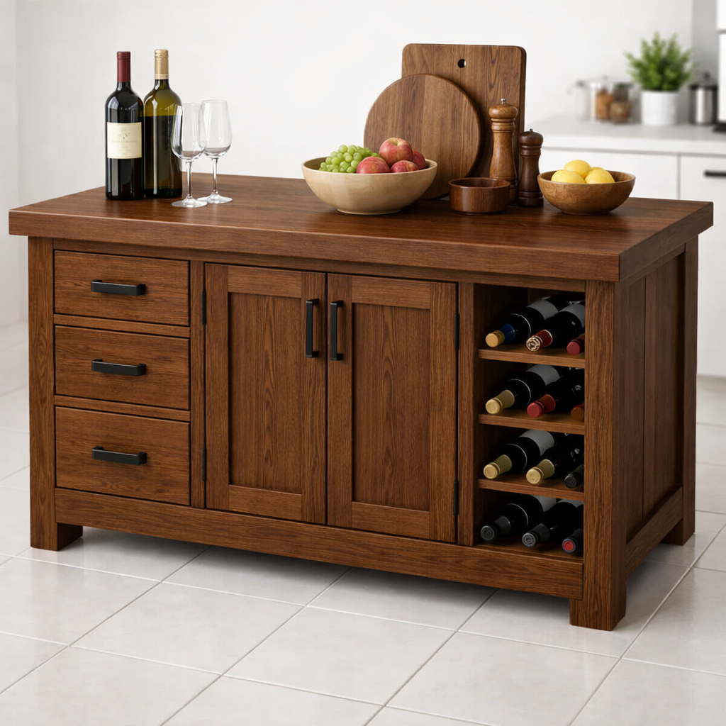 Solid Wood Kitchen Island with Wine Rack & Storage Drawers – Kitchen Storage Cabinet