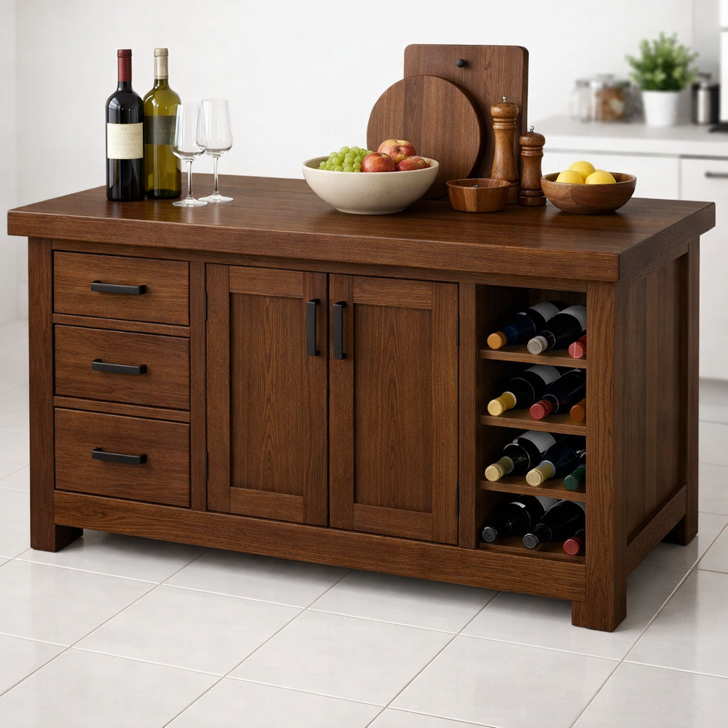 Solid Wood Kitchen Island with Wine Rack & Storage Drawers – Kitchen Storage Cabinet