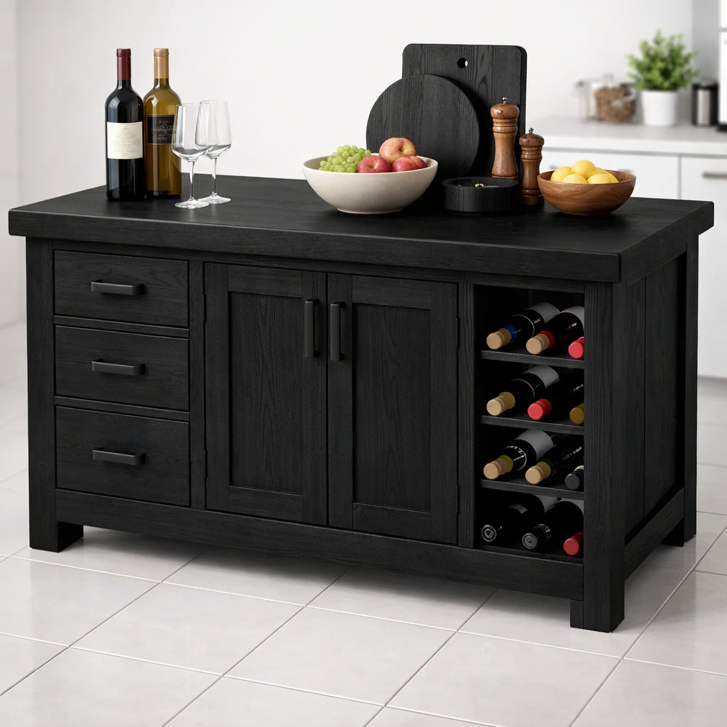 Solid Wood Kitchen Island with Wine Rack & Storage Drawers – Kitchen Storage Cabinet