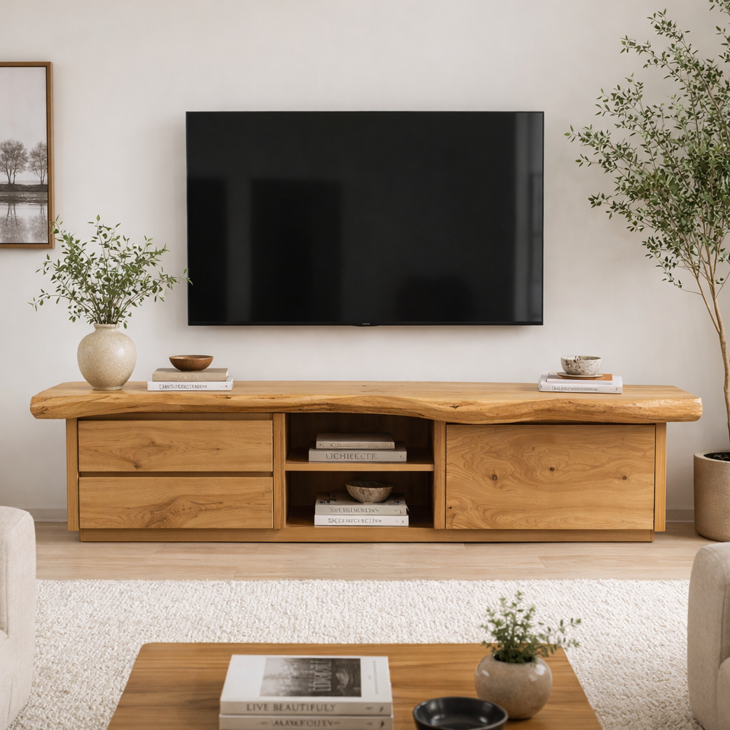 Solid Wood TV Stand with Storage Drawers – Modern Minimalist Console Cabinet