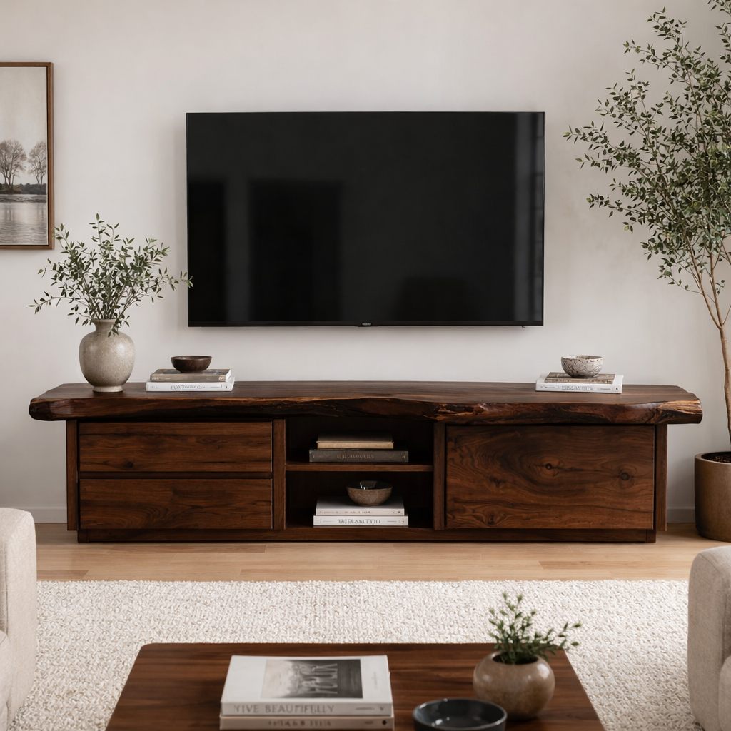 Solid Wood TV Stand with Storage Drawers – Modern Minimalist Console Cabinet