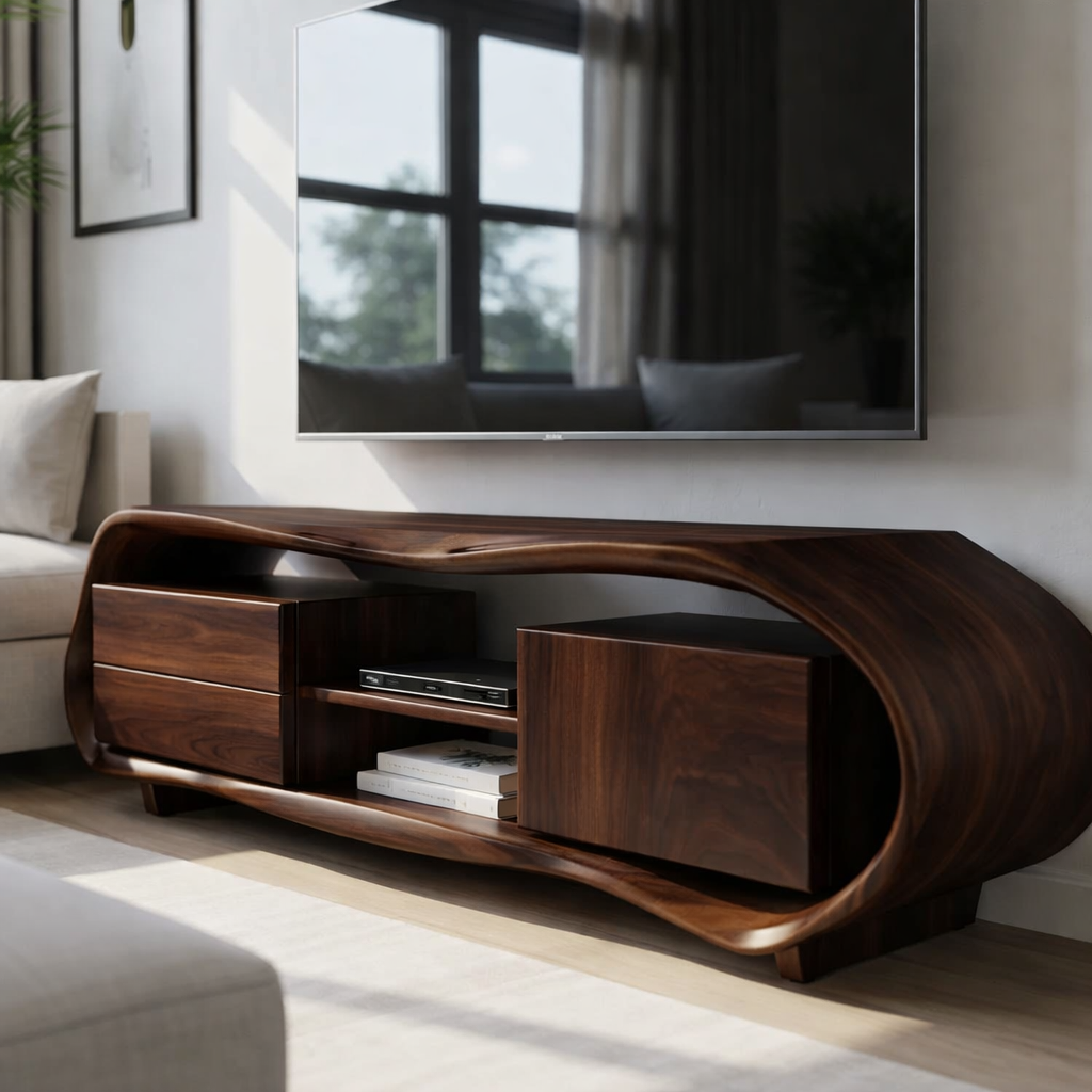 Solid Wood Curved TV Stand – Sculptural Media Console with Organic Design