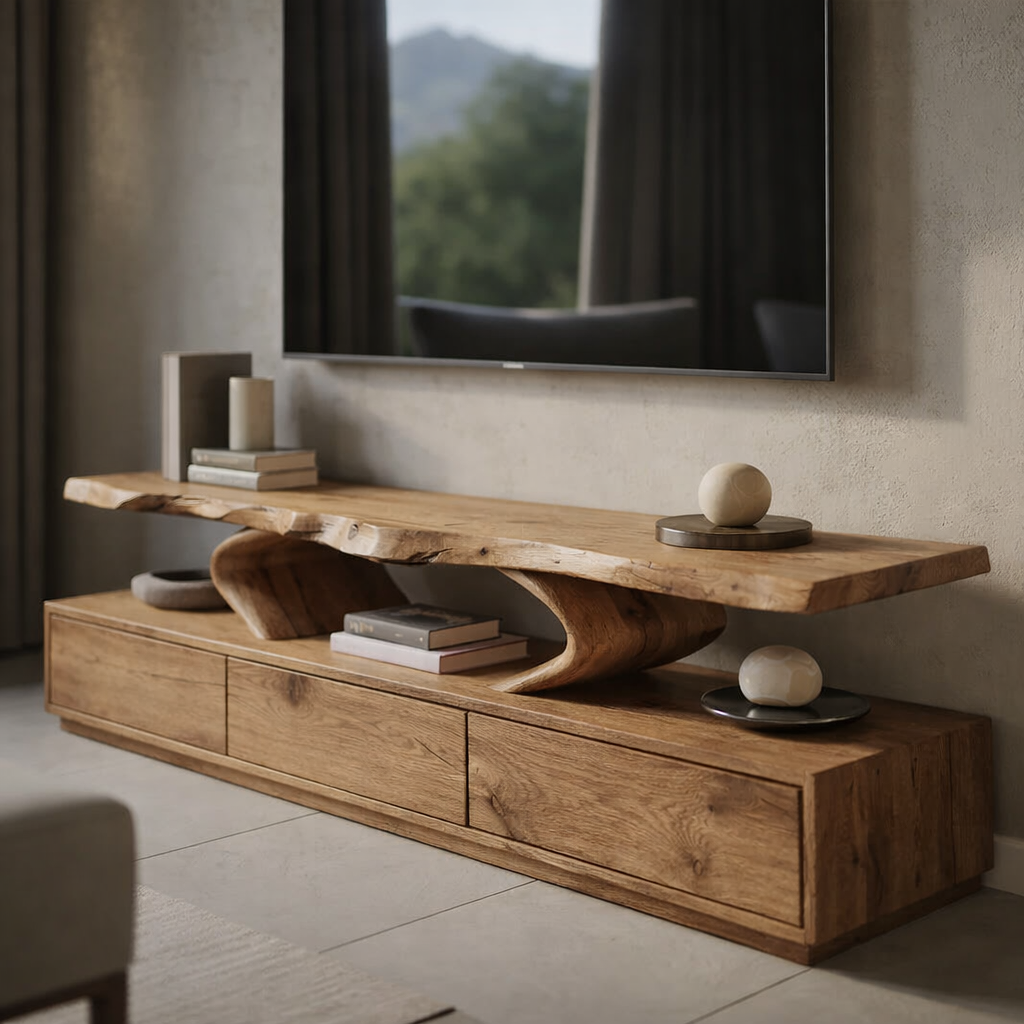 Live Edge Solid Wood TV Stand – Organic Modern Low Profile Media Console with Storage