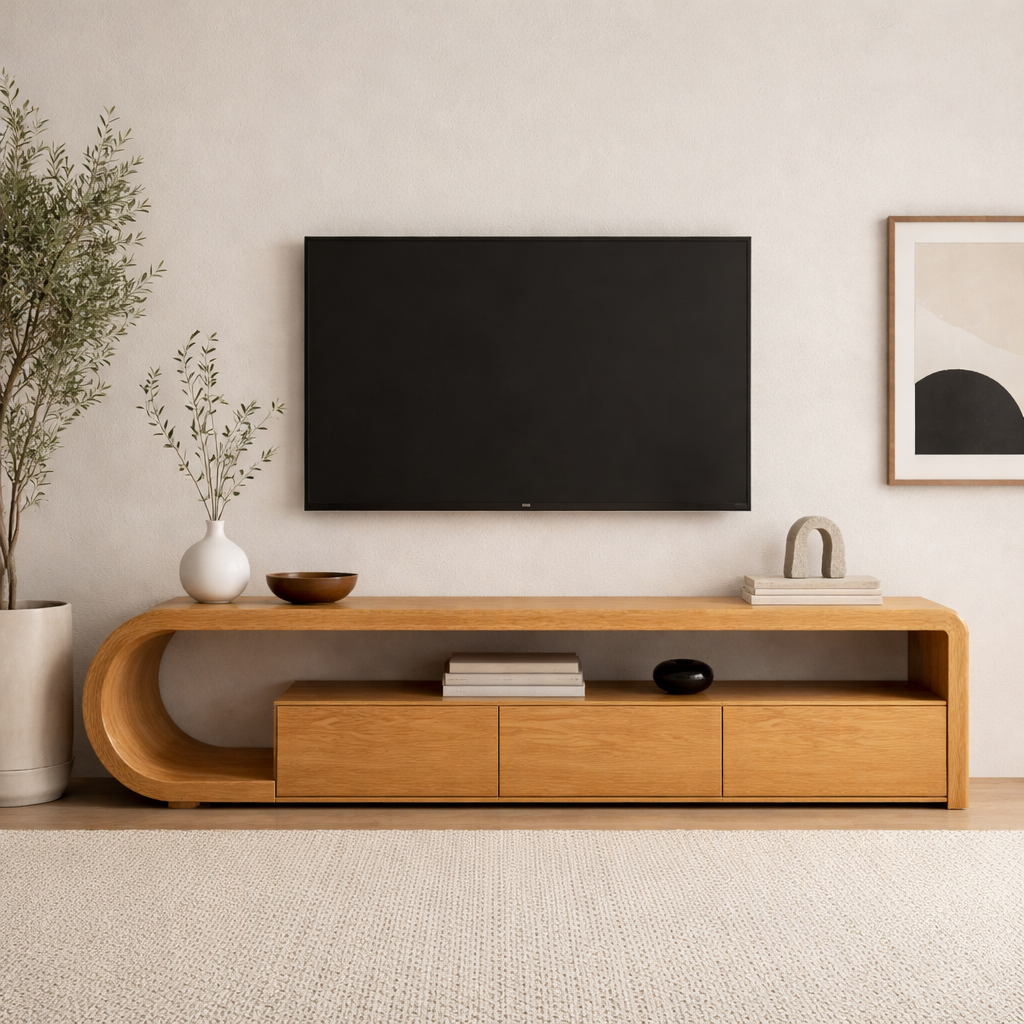 Solid Wood TV Stand with Curved Base – Modern Low Profile Media Console with Storage