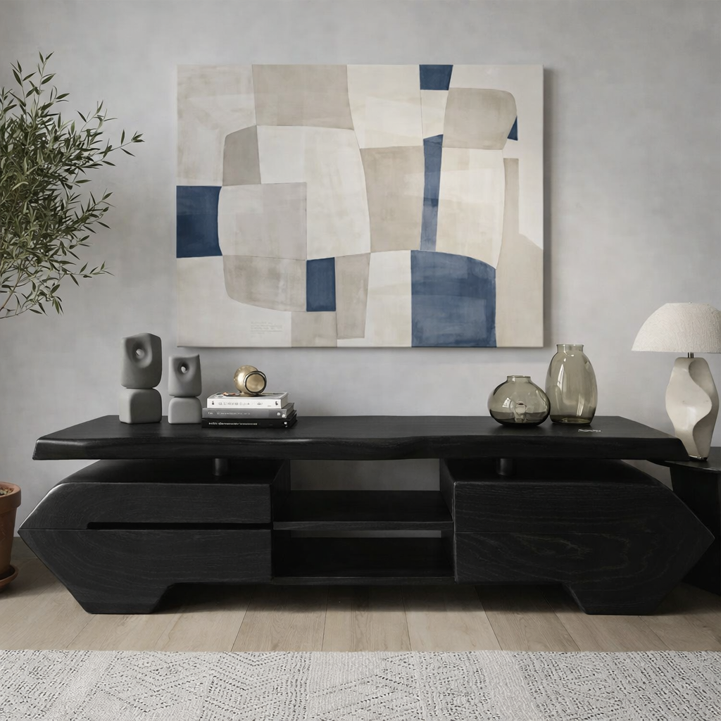 Live Edge Solid Wood TV Stand – Modern Oak Media Console with Sculptural Base