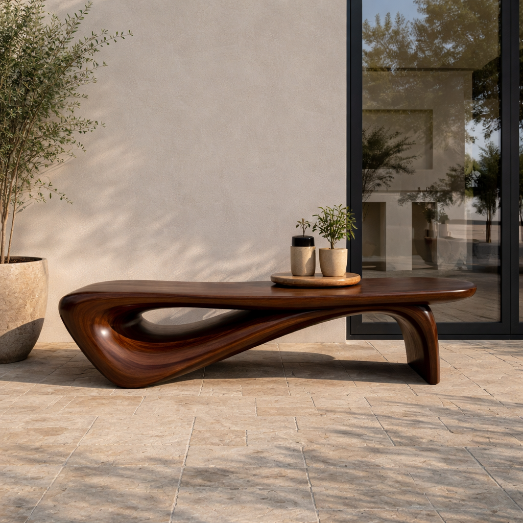Sculptural Solid Wood Entryway Bench – Organic Modern Designer Statement Furniture