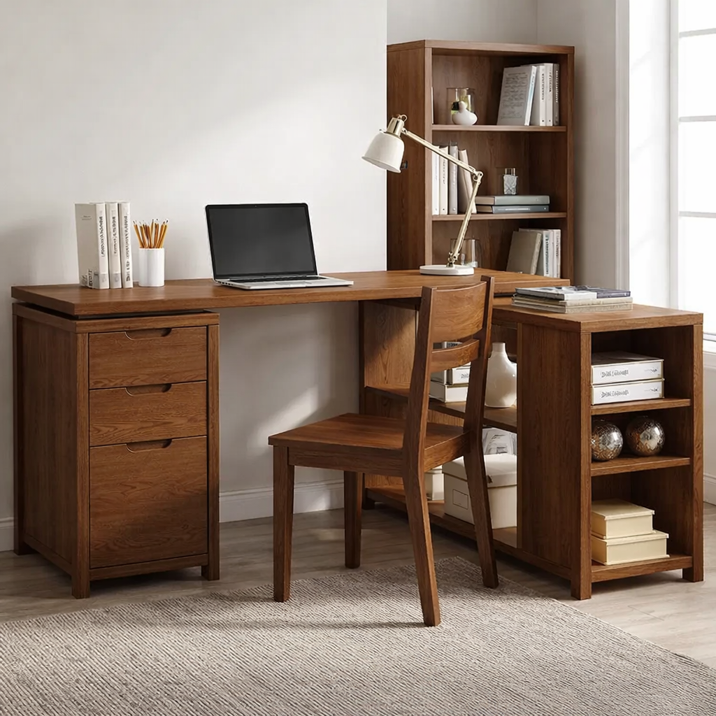 Solid Wood L-Shaped Desk with Storage – Corner Home Office Desk with Shelves and Drawers